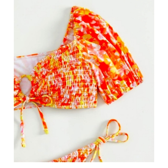 💚5/$25 Puff Sleeve Tropical Floral 2 Bikini Set Cheeky Bottom Smocked Swimsuit - Picture 7 of 8